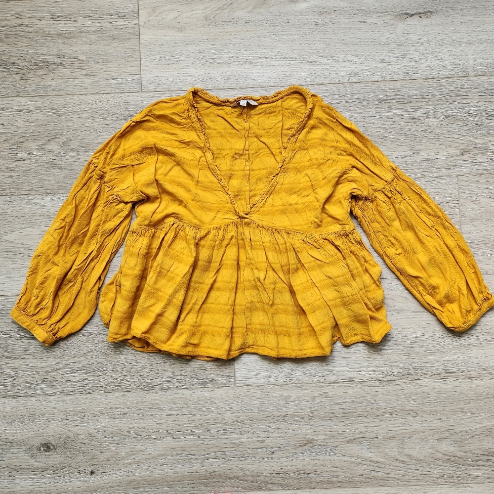 Lucky Brand Yellow Blouse Womens Xs Flowy Boho Romantic Ruffle Peasant Top
